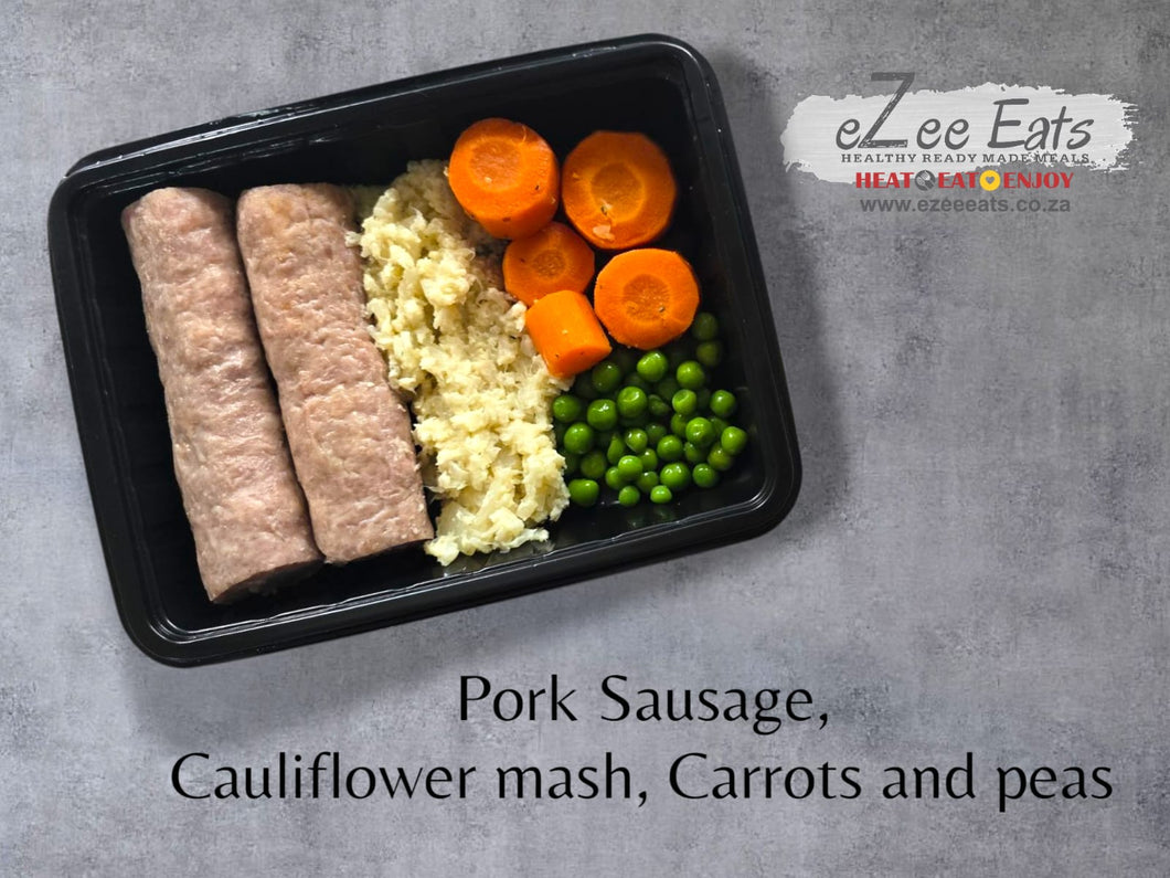LC Pork Sausage, Cauliflower Mash, Peas and Carrots